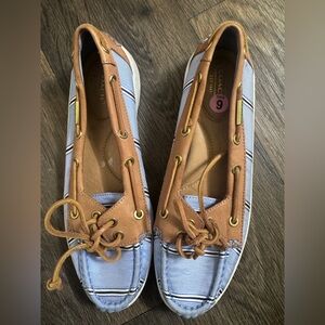 Coach Women's Light Blue Canvas and Tan Boat Shoes
